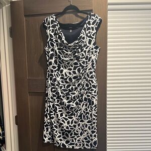Sleeveless Navy & White Printed Cowl Midi Dress by